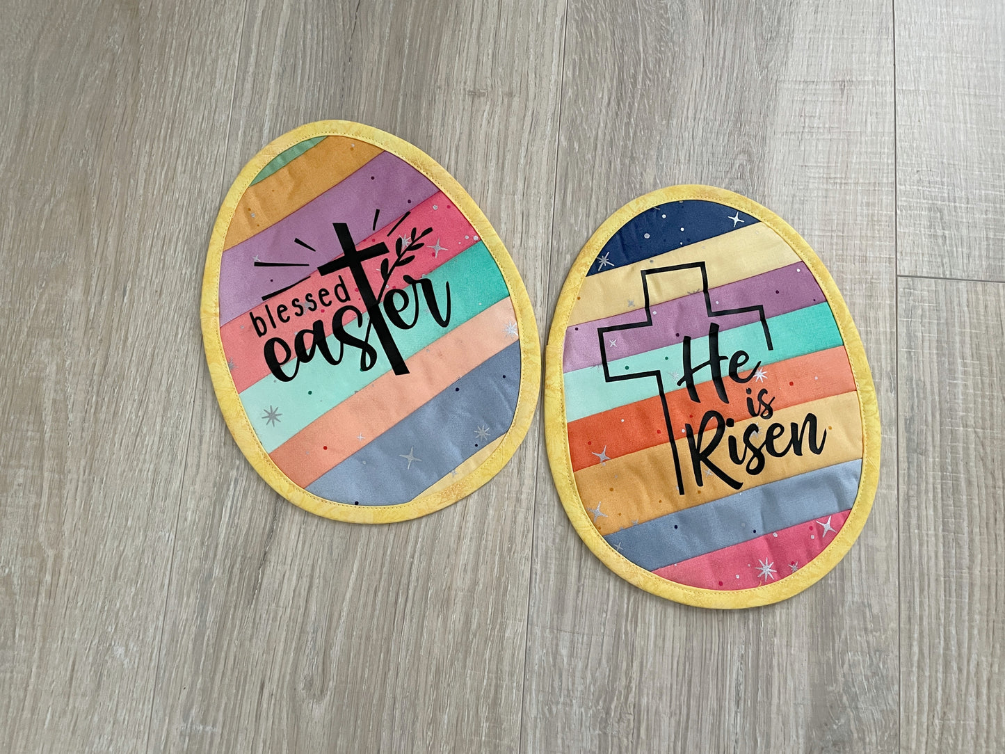 Set of 2 Easter Egg Mug Rugs, He Is Risen Blessed Easter Quilted Coasters