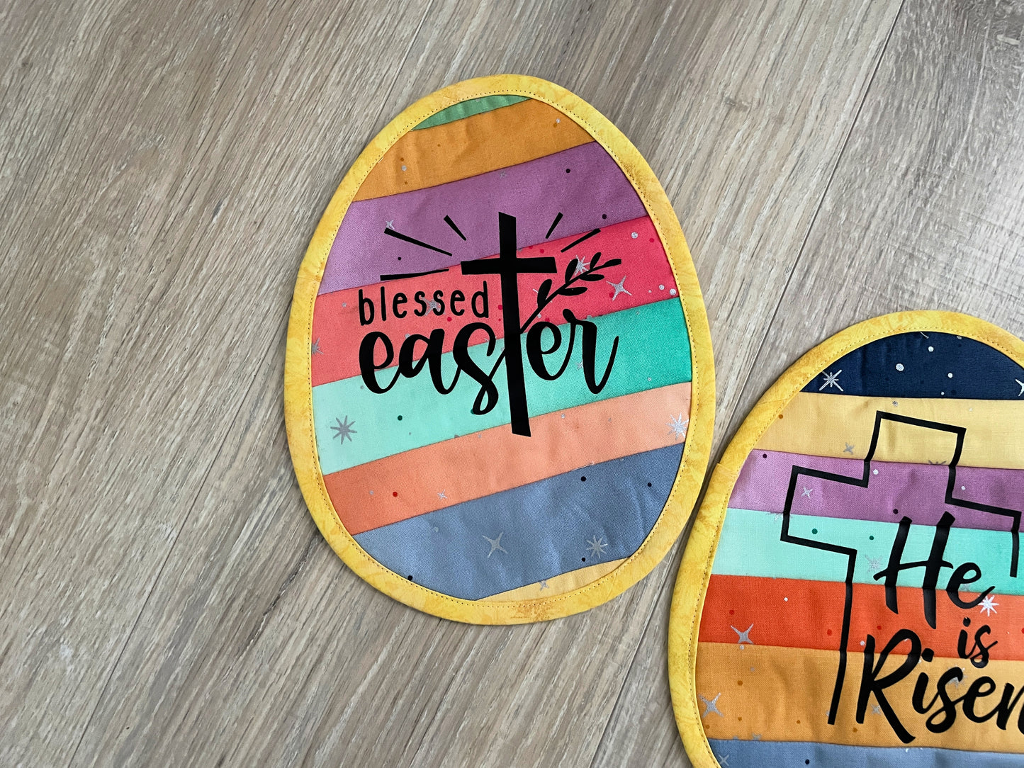 Set of 2 Easter Egg Mug Rugs, He Is Risen Blessed Easter Quilted Coasters