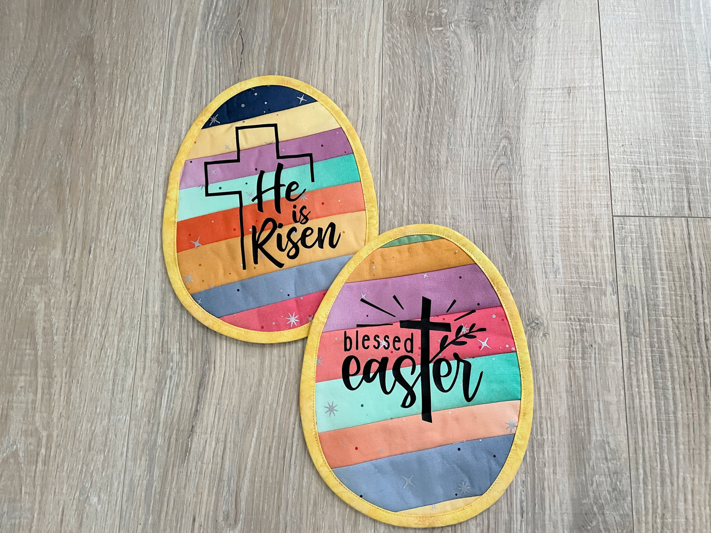 Set of 2 Easter Egg Mug Rugs, He Is Risen Blessed Easter Quilted Coasters