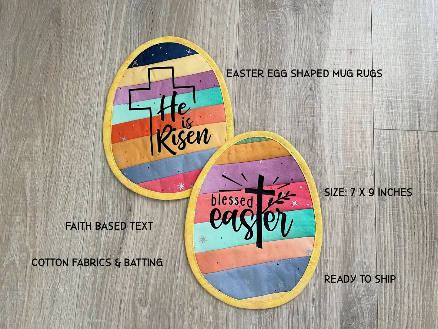 Set of 2 Easter Egg Mug Rugs, He Is Risen Blessed Easter Quilted Coasters