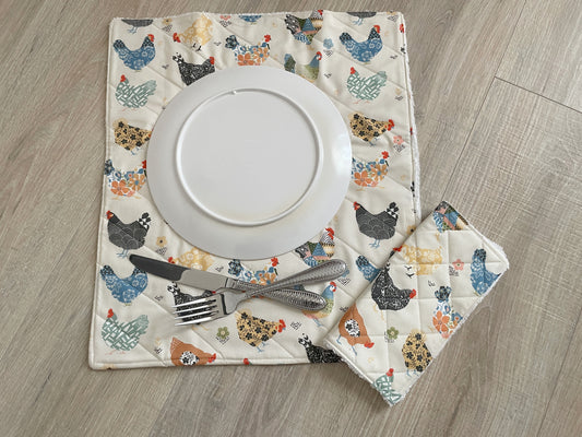 Quilted Chicken Print Kitchen Dishcloth & Drying Mat Gift Set
