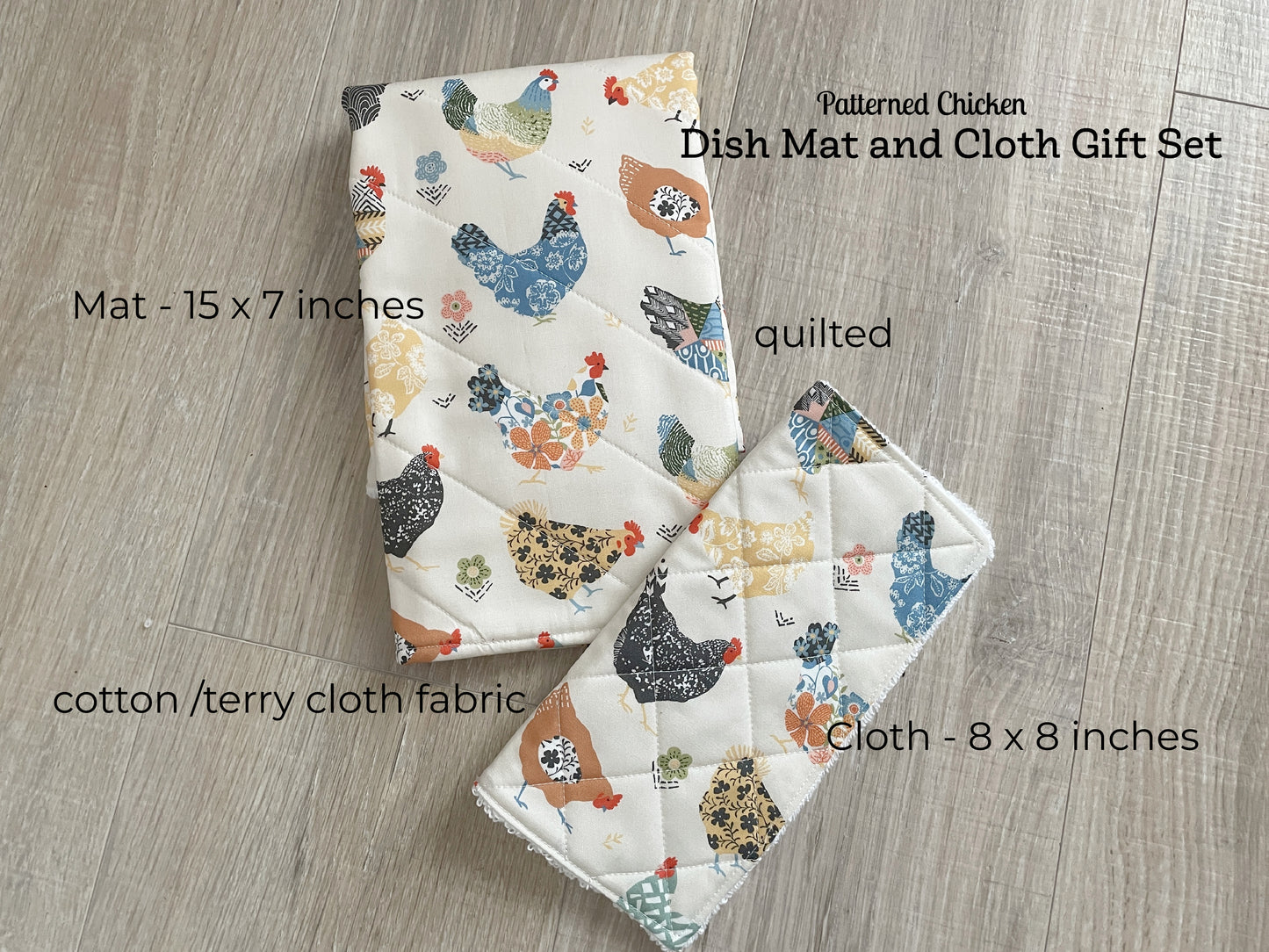 Quilted Chicken Print Kitchen Dishcloth & Drying Mat Gift Set