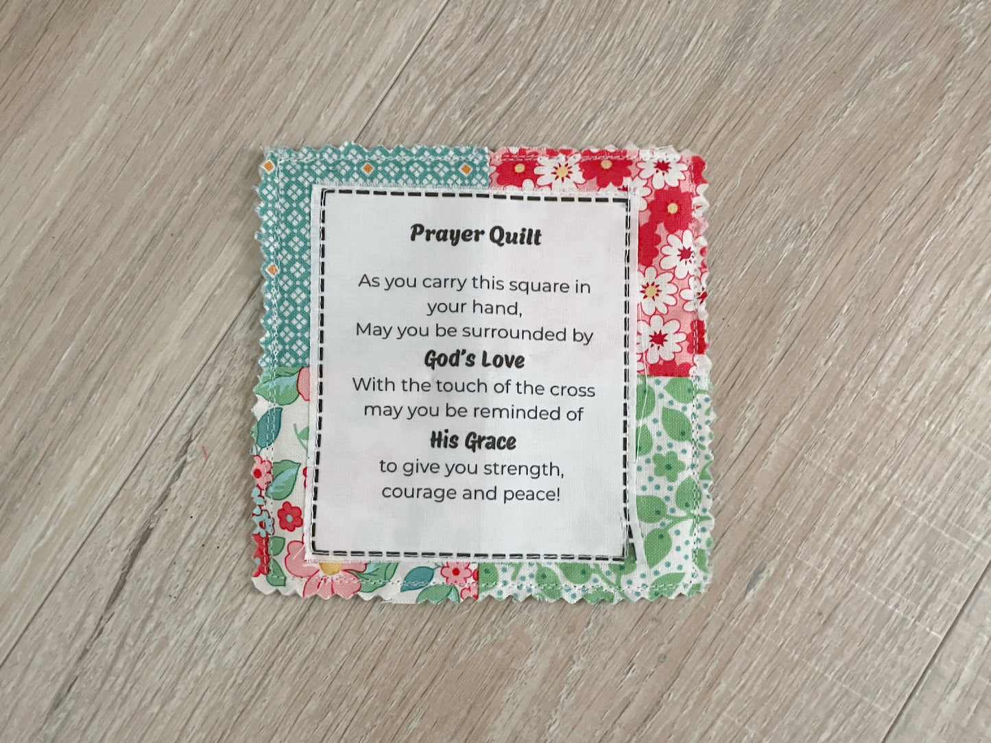 Mini prayer quilt with wooden cross and printed prayer poem