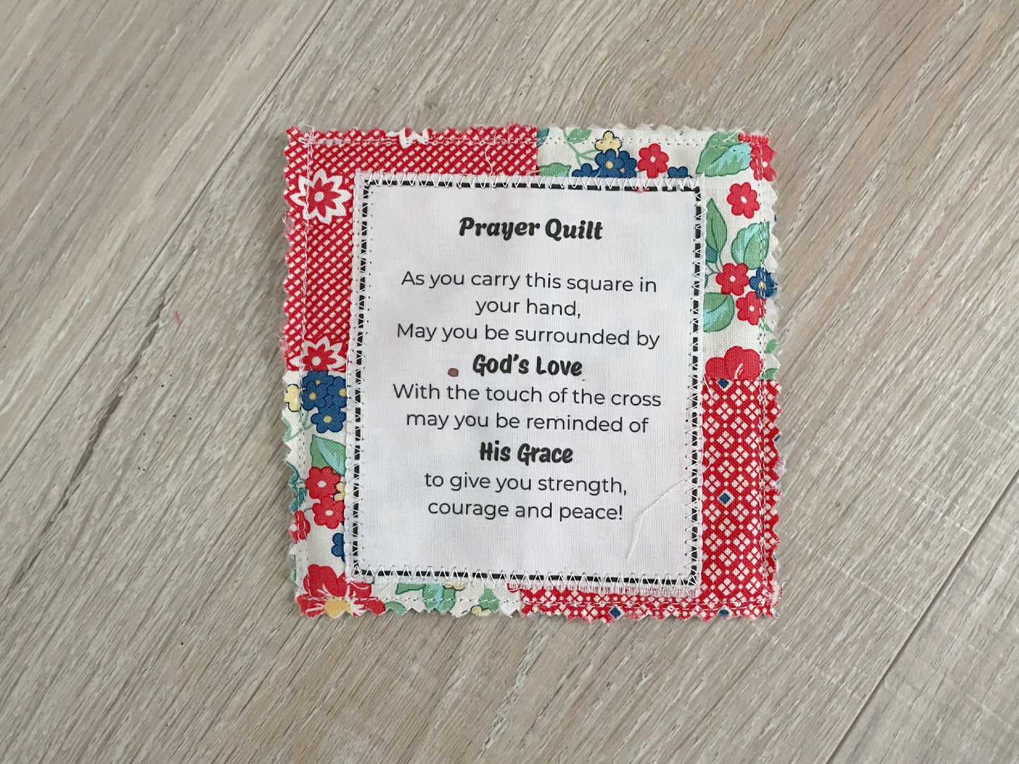 Mini prayer quilt with wooden cross and printed prayer poem