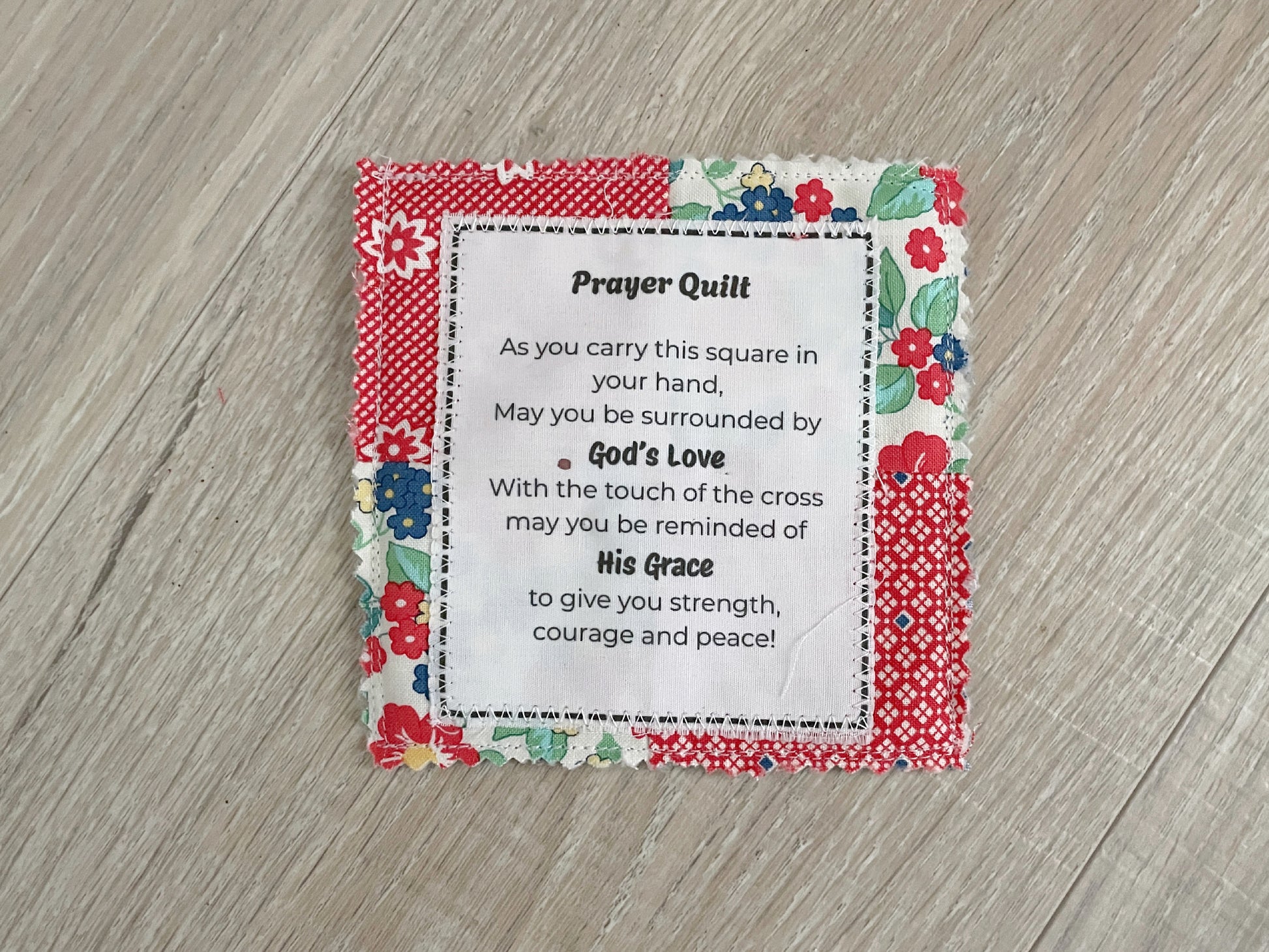 Mini prayer quilt with wooden cross and printed prayer poem
