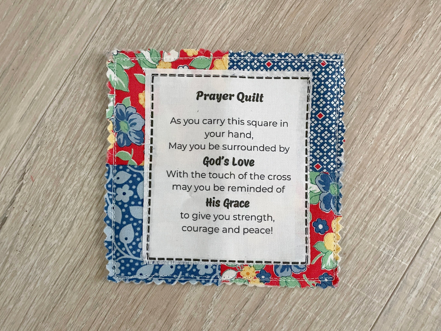 Mini prayer quilt with wooden cross and printed prayer poem
