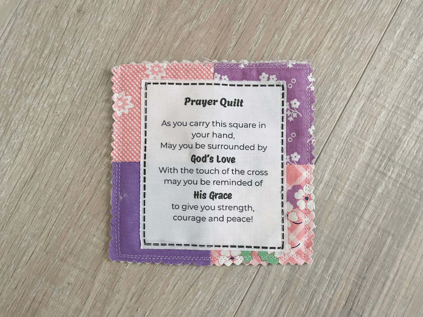Mini prayer quilt with wooden cross and printed prayer poem