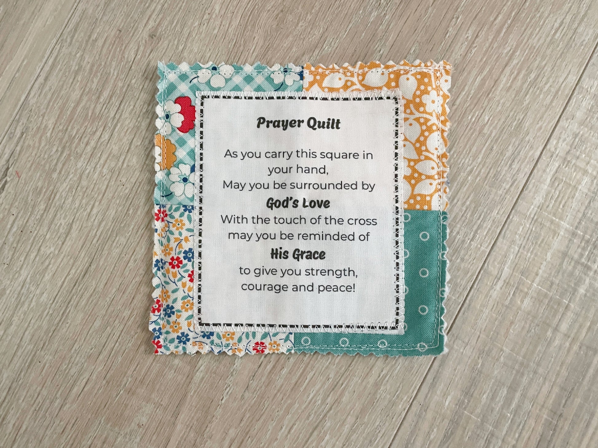 Mini prayer quilt with wooden cross and printed prayer poem