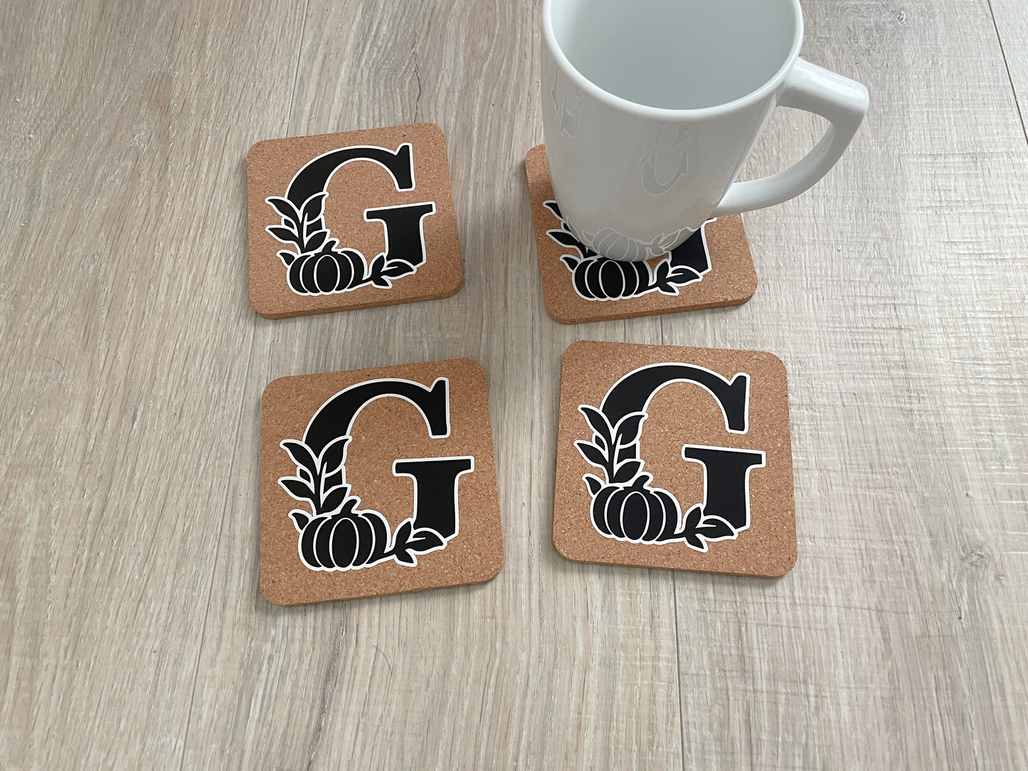 Fall Monogram Coasters – Set of 4 Cork Initial Coasters – Autumn Decor