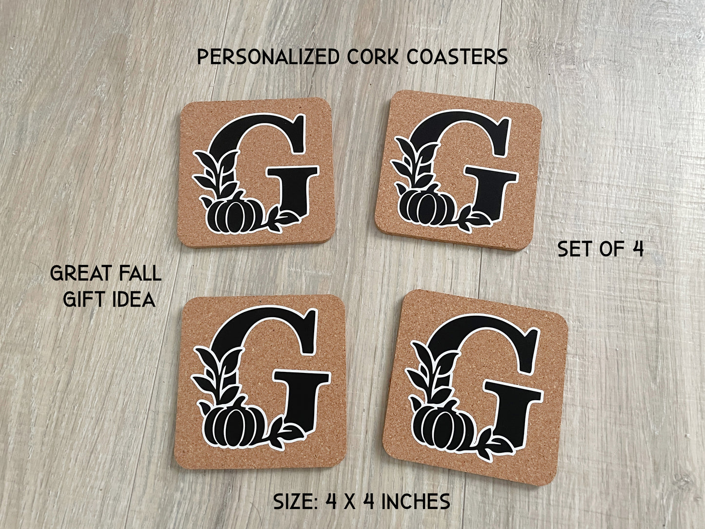 Fall Monogram Coasters – Set of 4 Cork Initial Coasters – Autumn Decor