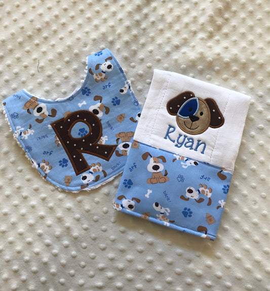 Personalized Puppy Theme Baby Shower Gift Set: Bib and Burp Cloth