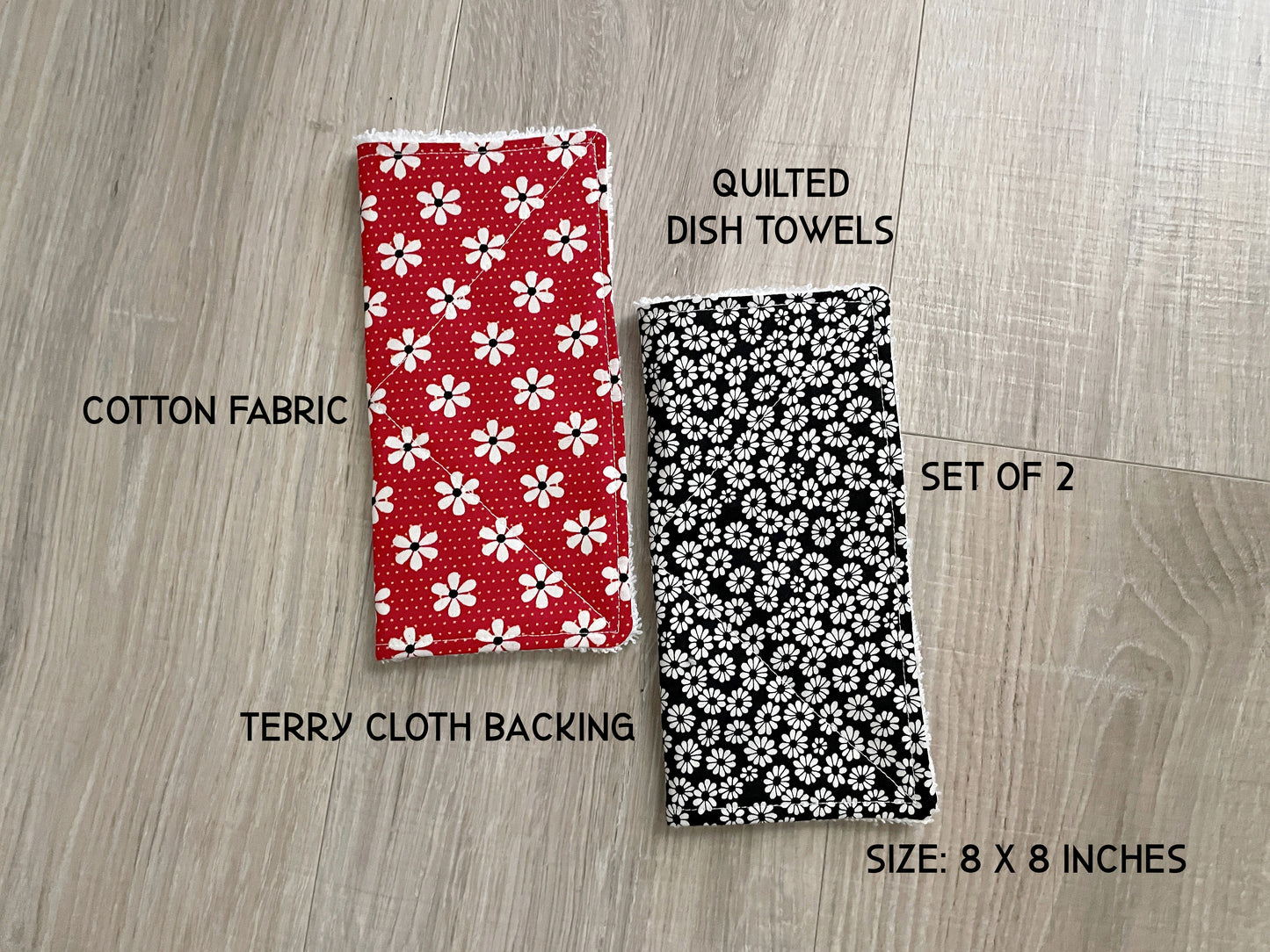 Quilted Cotton Dishcloths – Red & Black Daisy Set