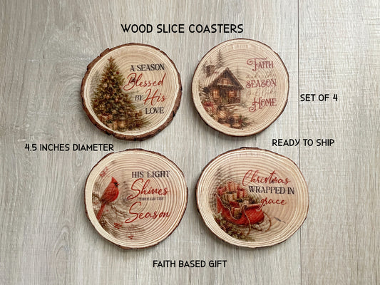 Winter Faith Wood Slice Coasters | Rustic Farmhouse Christian Decor Set