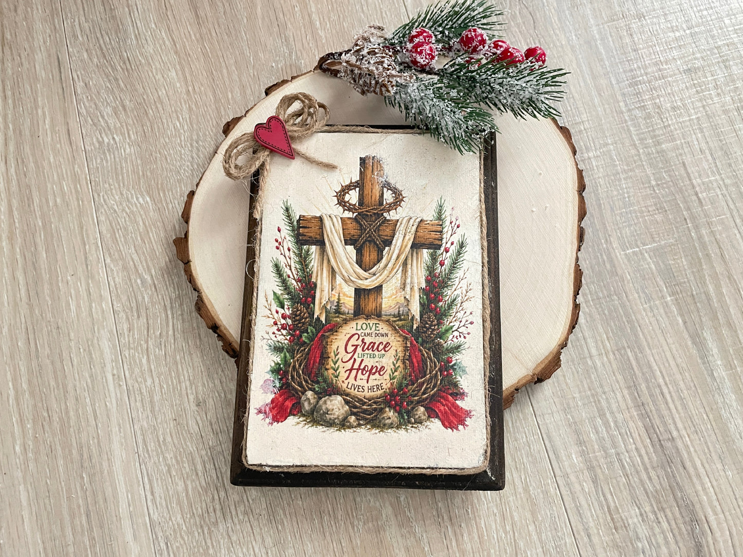 Christian Christmas Plaque – Love, Grace & Hope – Rustic 5x7 Wood Sign – Faith Home Décor