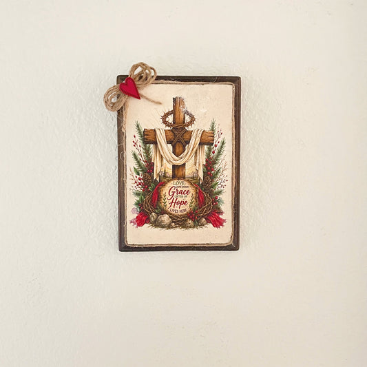 Christian Christmas Plaque – Love, Grace & Hope – Rustic 5x7 Wood Sign – Faith Home Décor