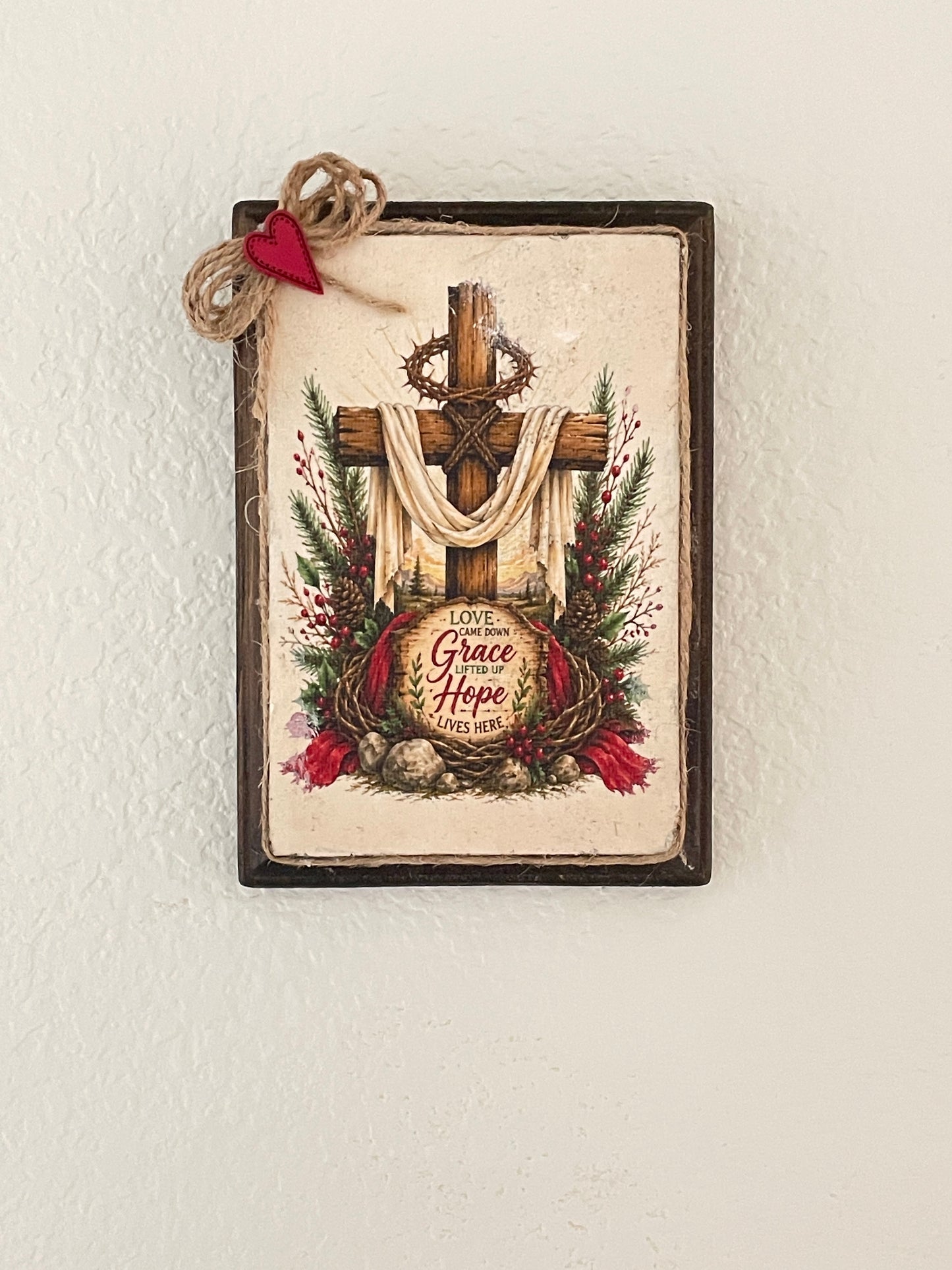 Christian Christmas Plaque – Love, Grace & Hope – Rustic 5x7 Wood Sign – Faith Home Décor