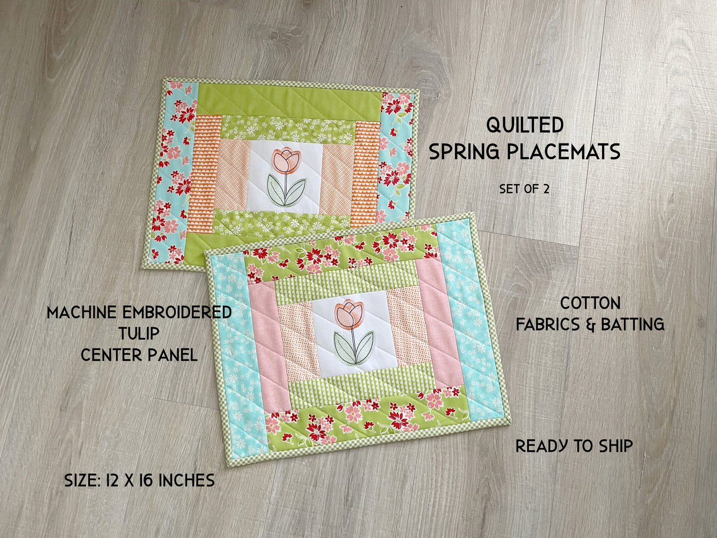 Handmade Quilted Placemats, Set of 2 Spring Table Decor Mats
