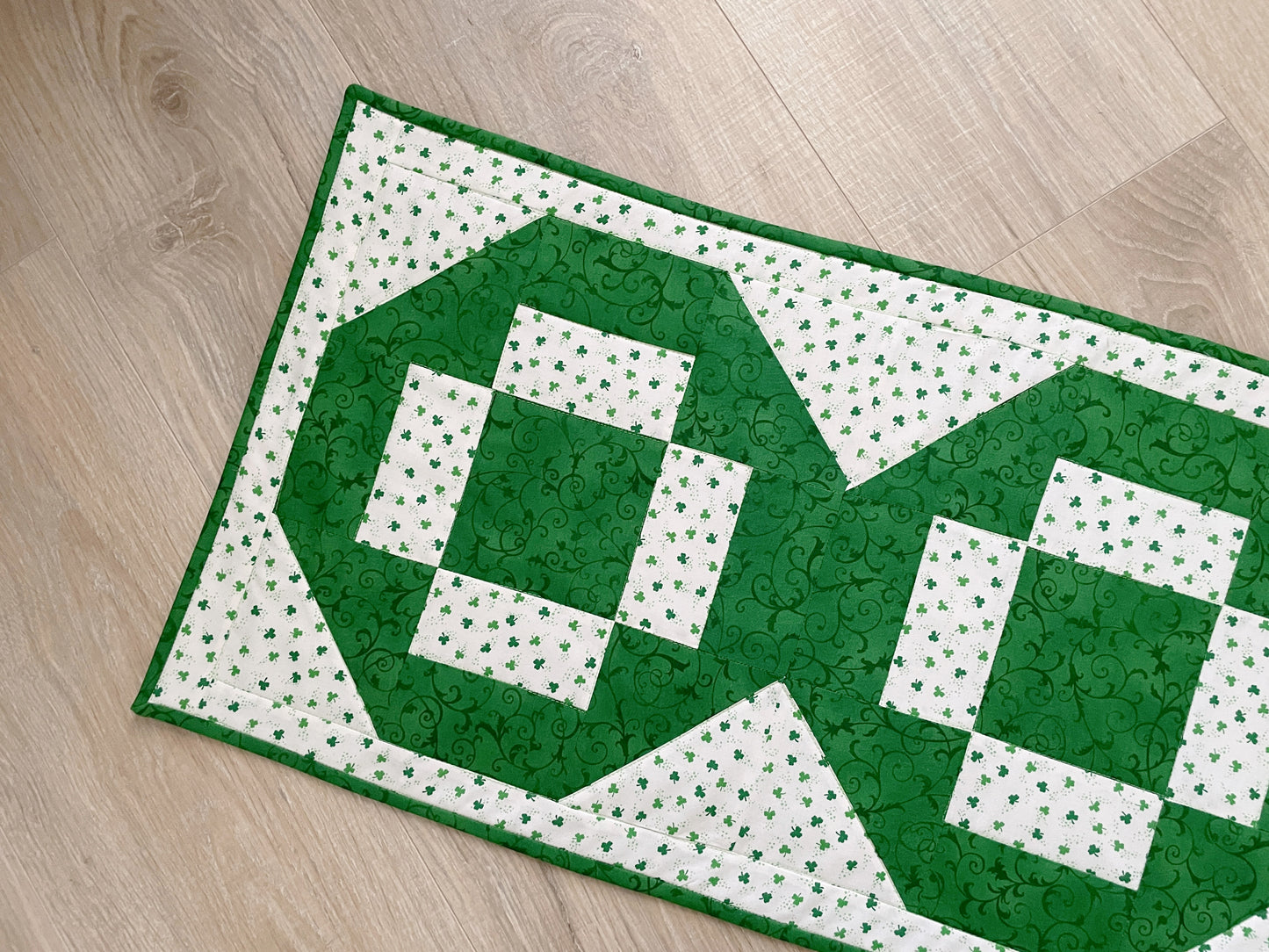 St. Patrick Day Quilted Table Runner, Green and White Modern Cross Patchwork,