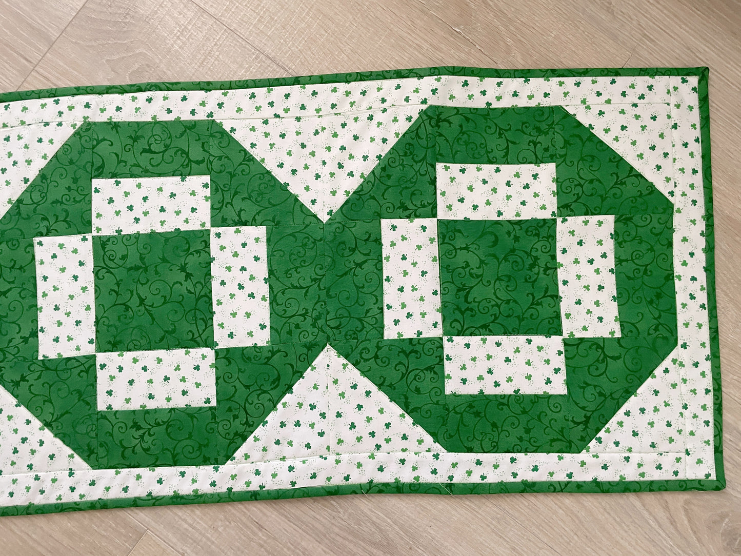 St. Patrick Day Quilted Table Runner, Green and White Modern Cross Patchwork,