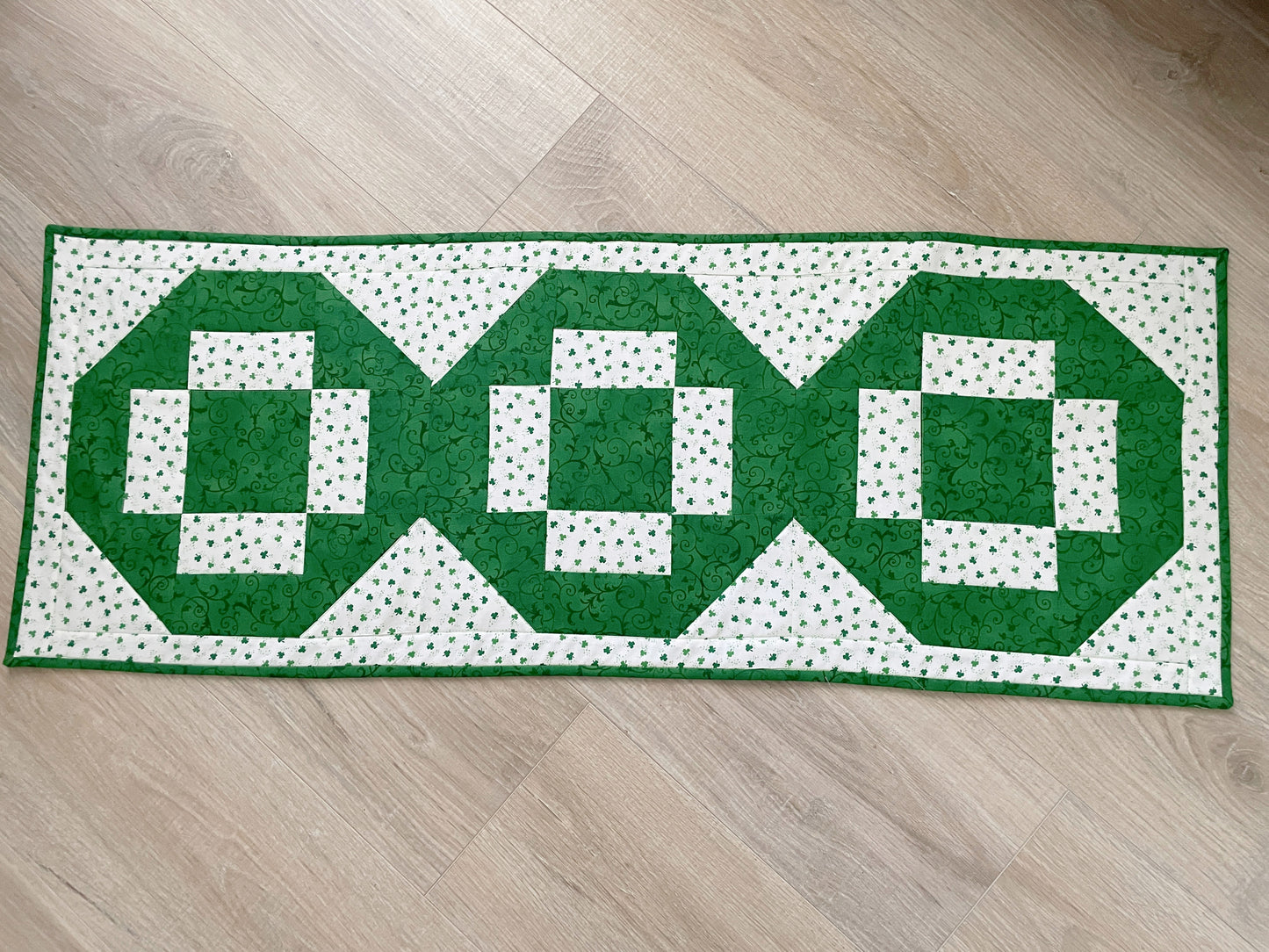 St. Patrick Day Quilted Table Runner, Green and White Modern Cross Patchwork,
