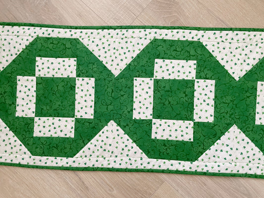 St. Patrick Day Quilted Table Runner, Green and White Modern Cross Patchwork,