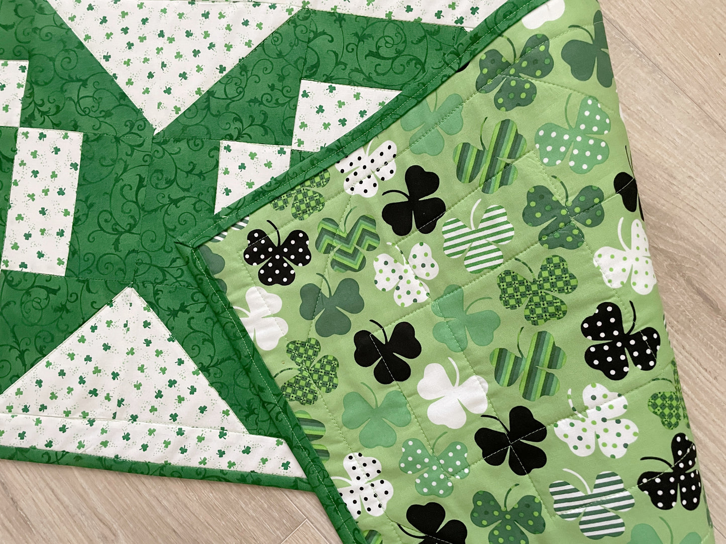 St. Patrick Day Quilted Table Runner, Green and White Modern Cross Patchwork,