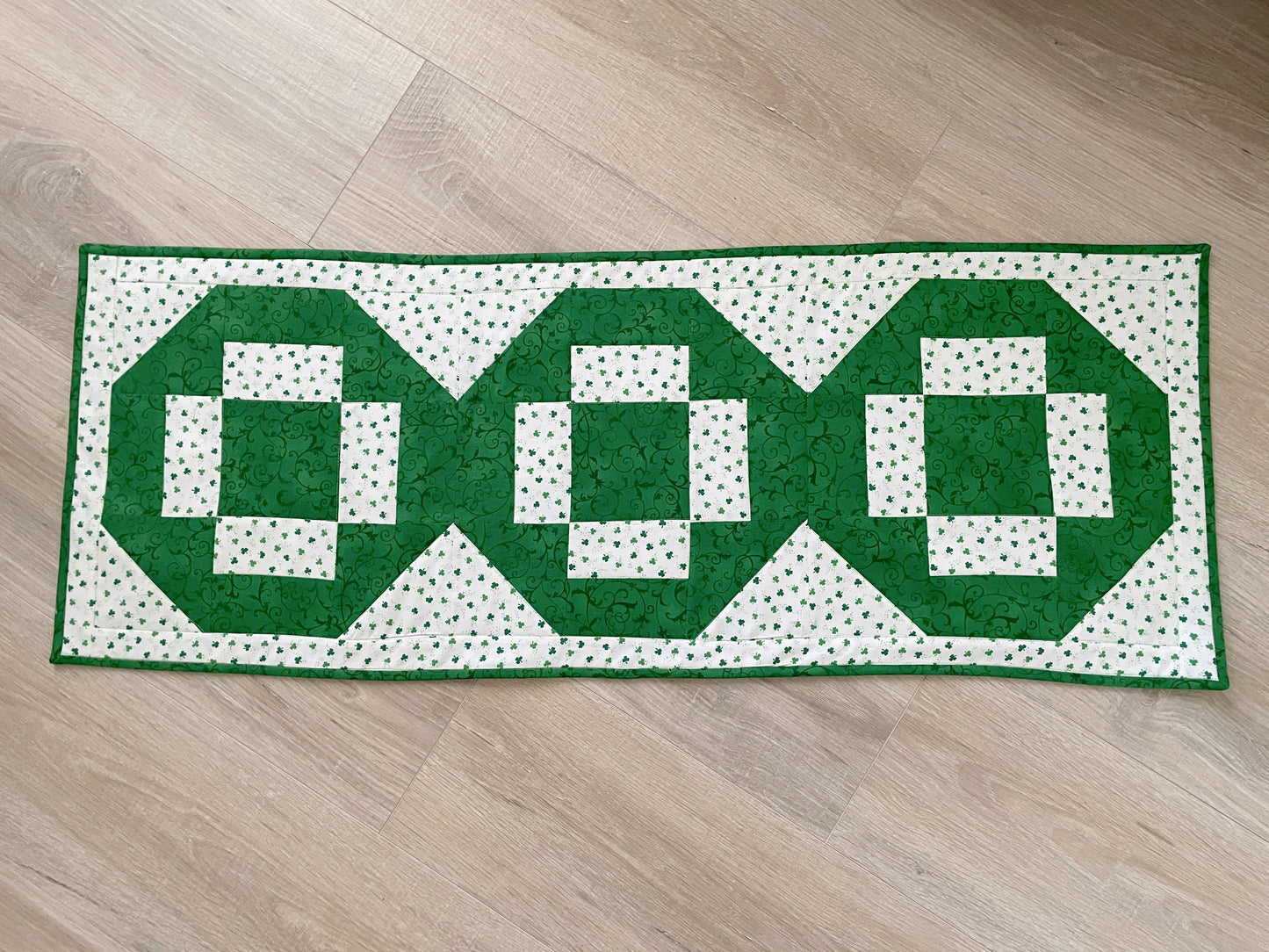St. Patrick Day Quilted Table Runner, Green and White Modern Cross Patchwork,