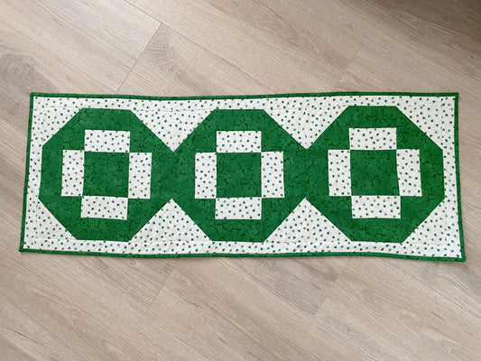 St. Patrick Day Quilted Table Runner, Green and White Modern Cross Patchwork,