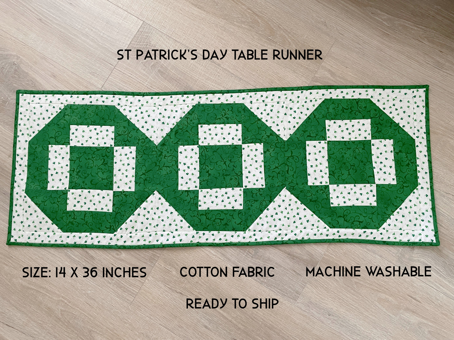 St. Patrick Day Quilted Table Runner, Green and White Modern Cross Patchwork,