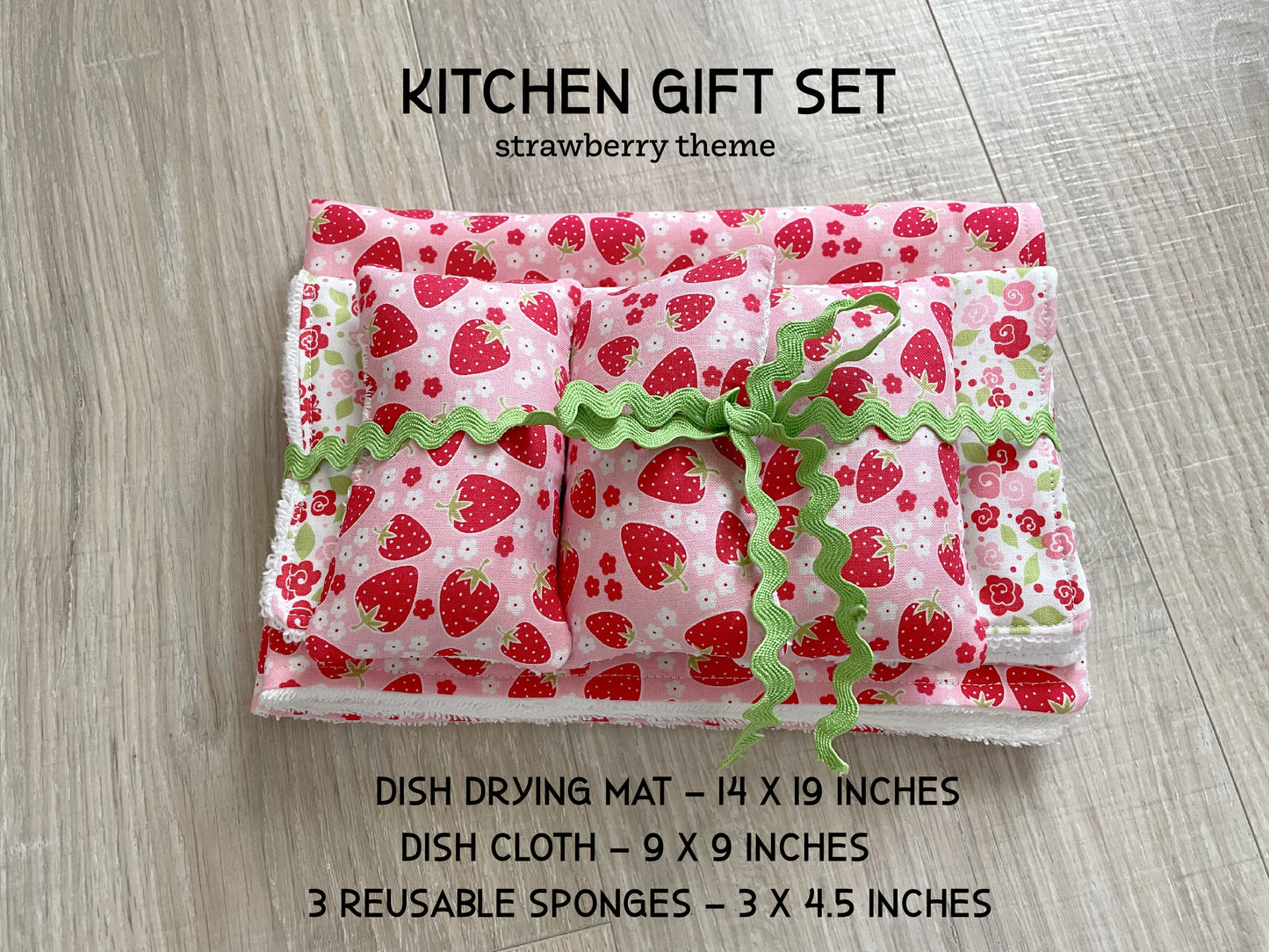 Handmade Strawberry Kitchen Gift Set – Dish Mat, Cloth & Reusable Sponges
