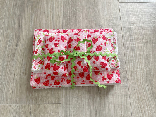 Handmade Strawberry Kitchen Gift Set – Dish Mat, Cloth & Reusable Sponges