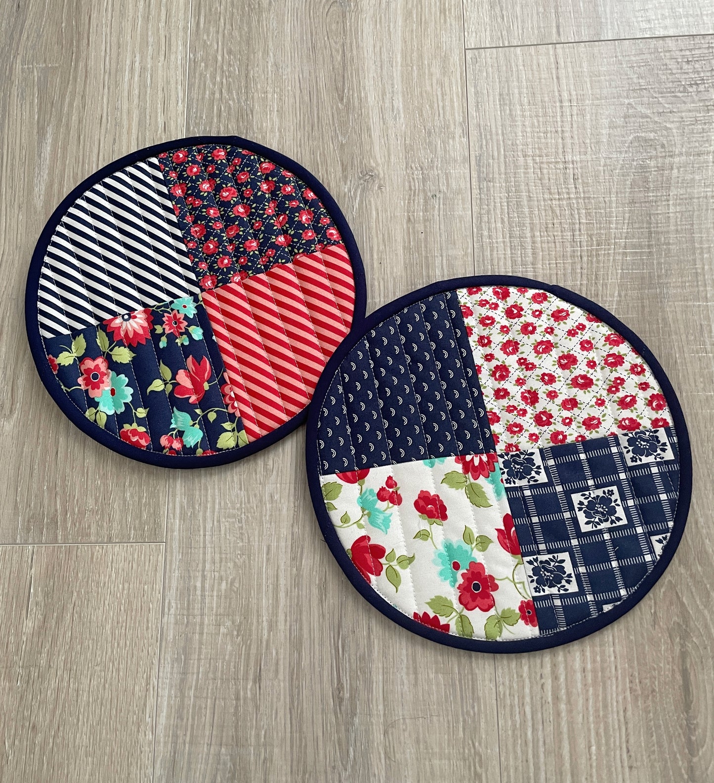 Round Quilted Cotton Pot Holder or Hot Pad with Floral Pattern, Multicolored, Set of 2