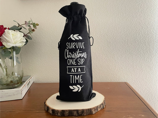 Funny Christmas Wine Gift Bag: "Survive Christmas" Burlap Sack