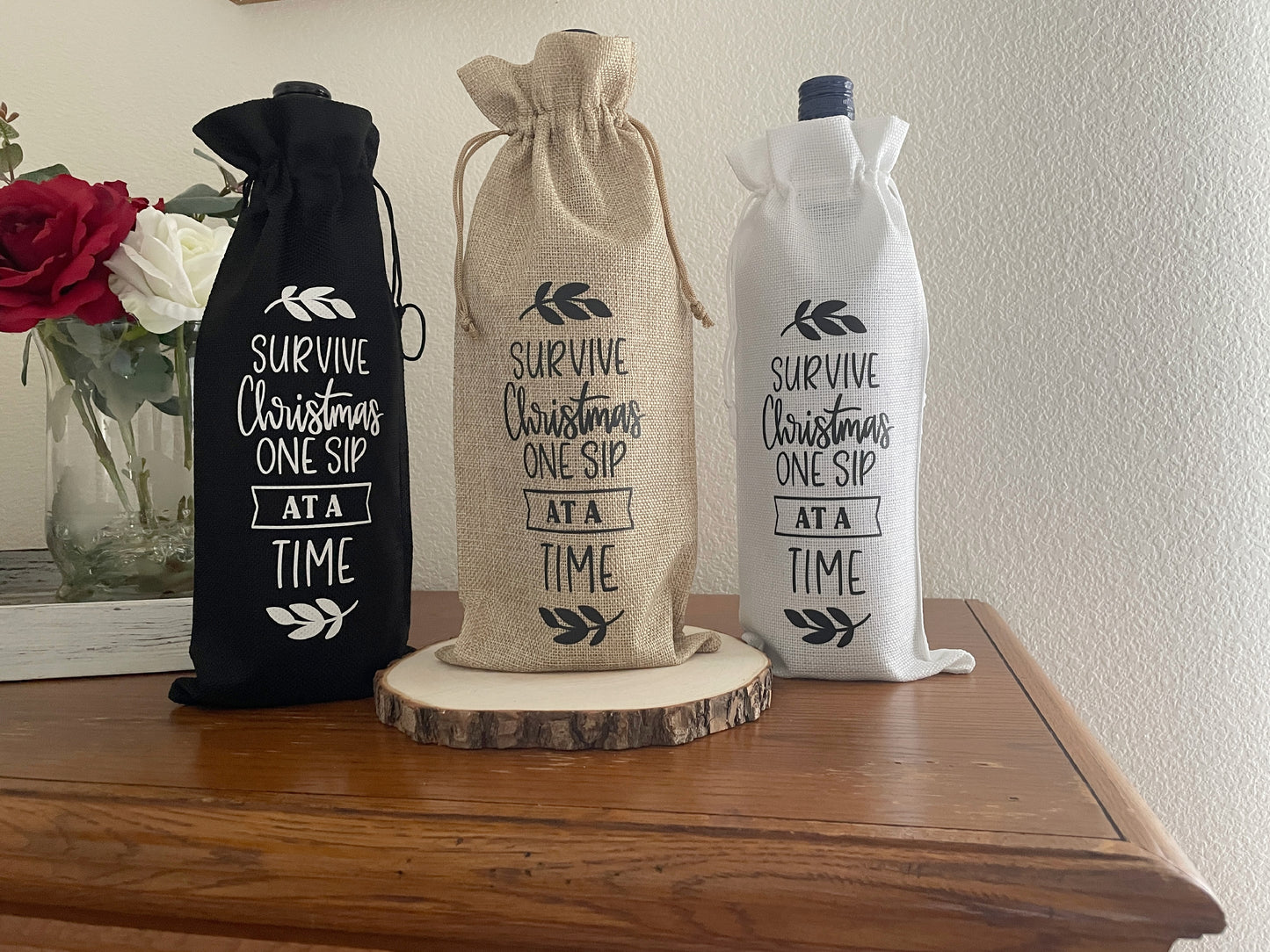 Funny Christmas Wine Gift Bag: "Survive Christmas" Burlap Sack