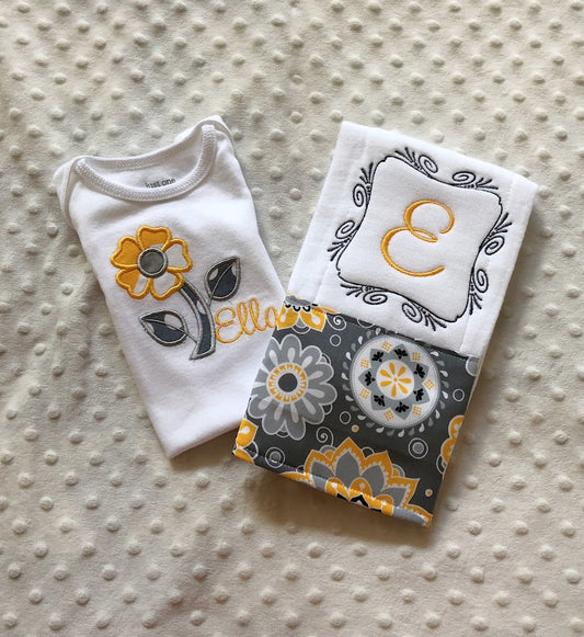 baby girl personalized bodysuit and burp cloth in yellow and gray