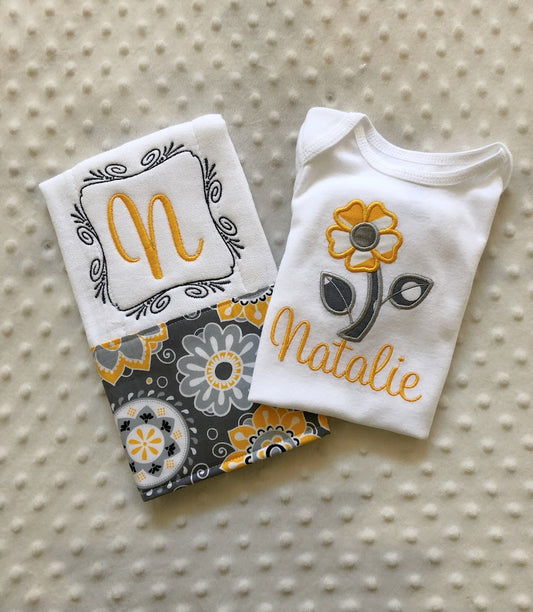 baby girl personalized bodysuit and burp cloth in yellow and gray