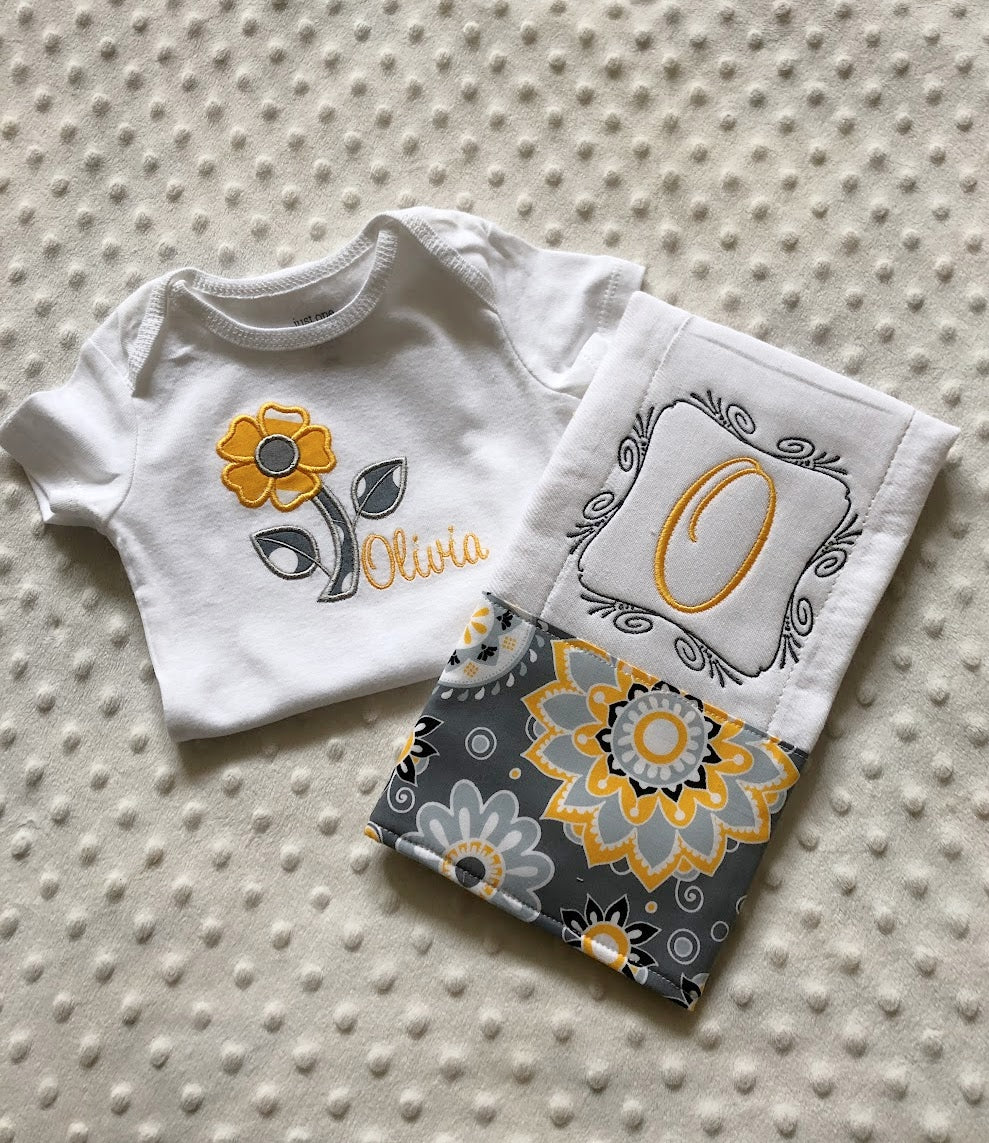 baby girl personalized bodysuit and burp cloth in yellow and gray