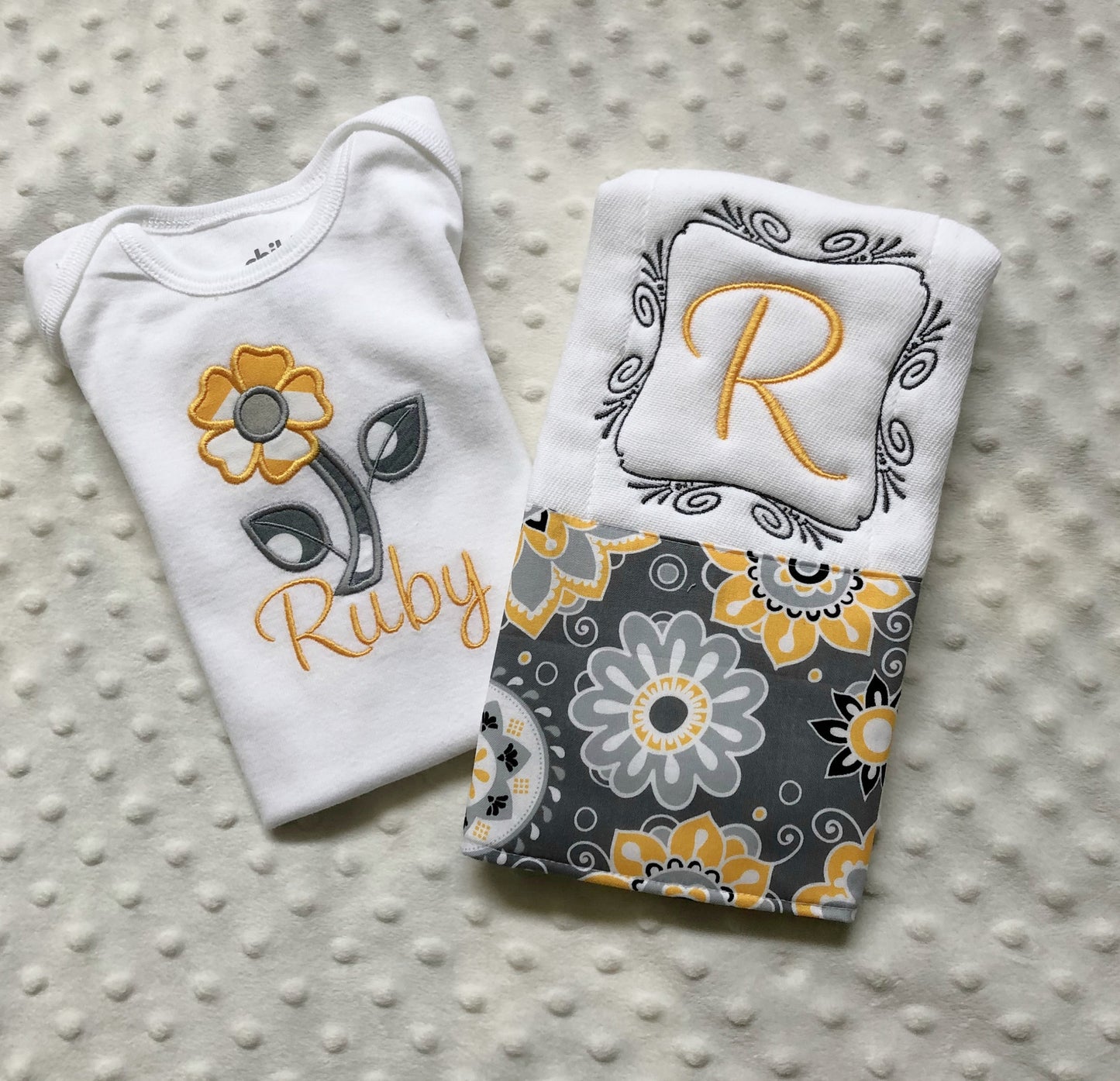 baby girl personalized bodysuit and burp cloth in yellow and gray