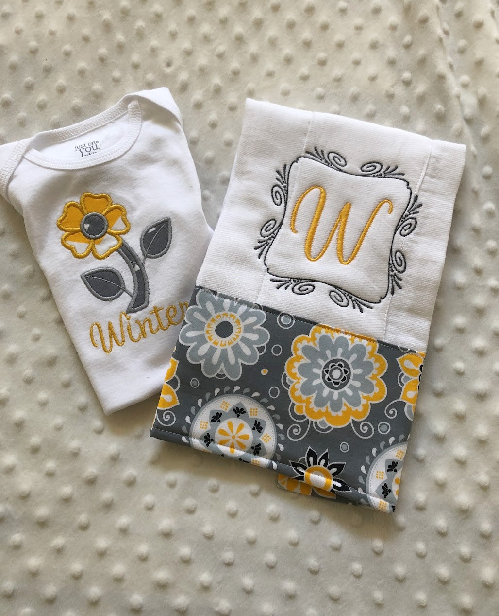baby girl personalized bodysuit and burp cloth in yellow and gray