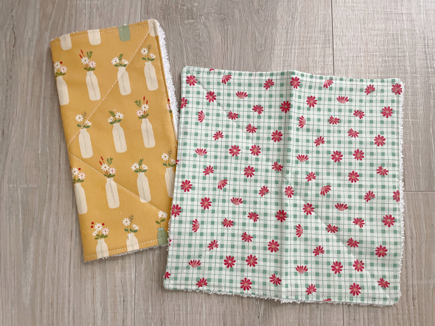 Handmade Quilted Cotton Dishcloths, Vintage Florals Set of 2