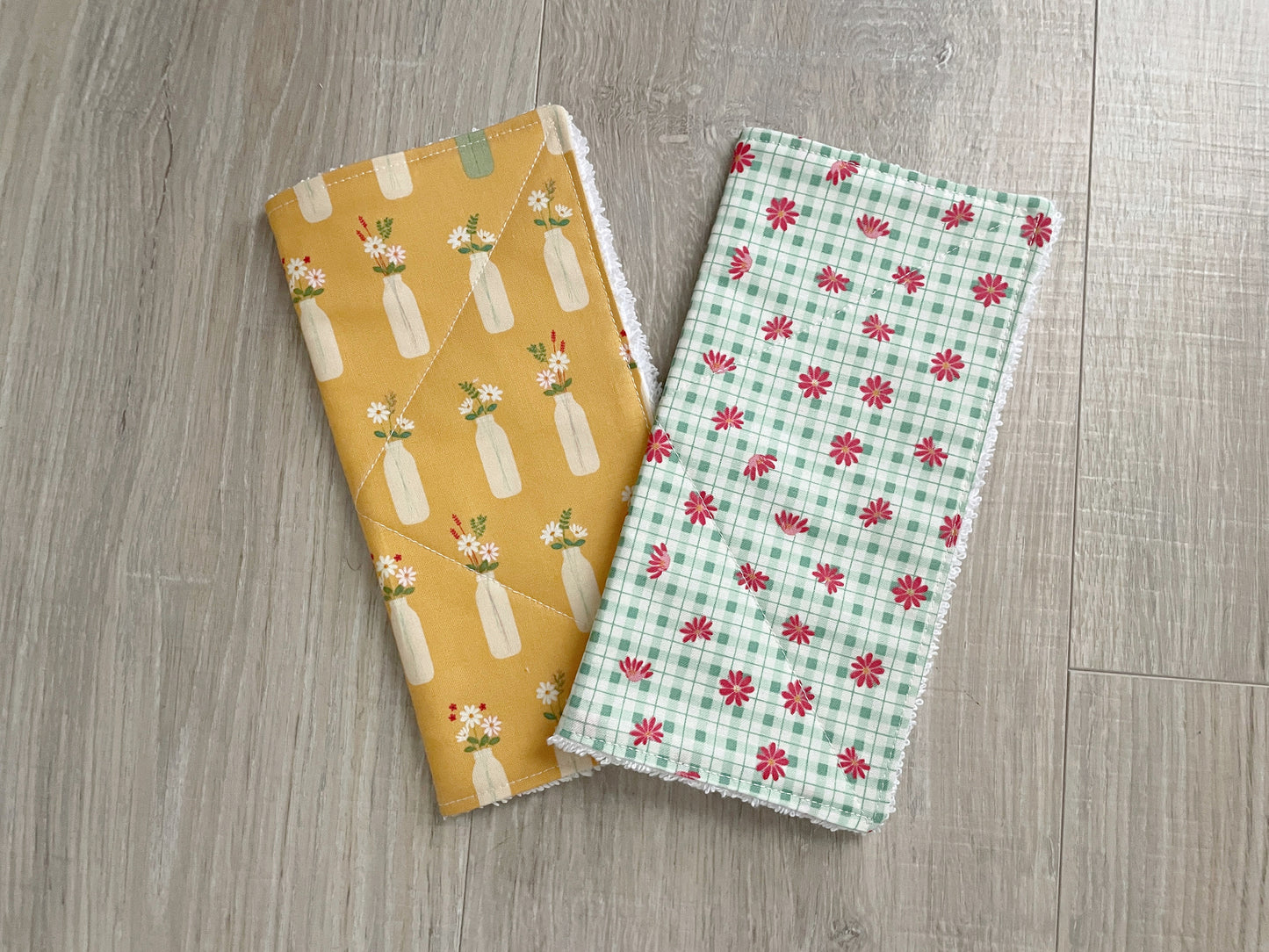 Handmade Quilted Cotton Dishcloths, Vintage Florals Set of 2