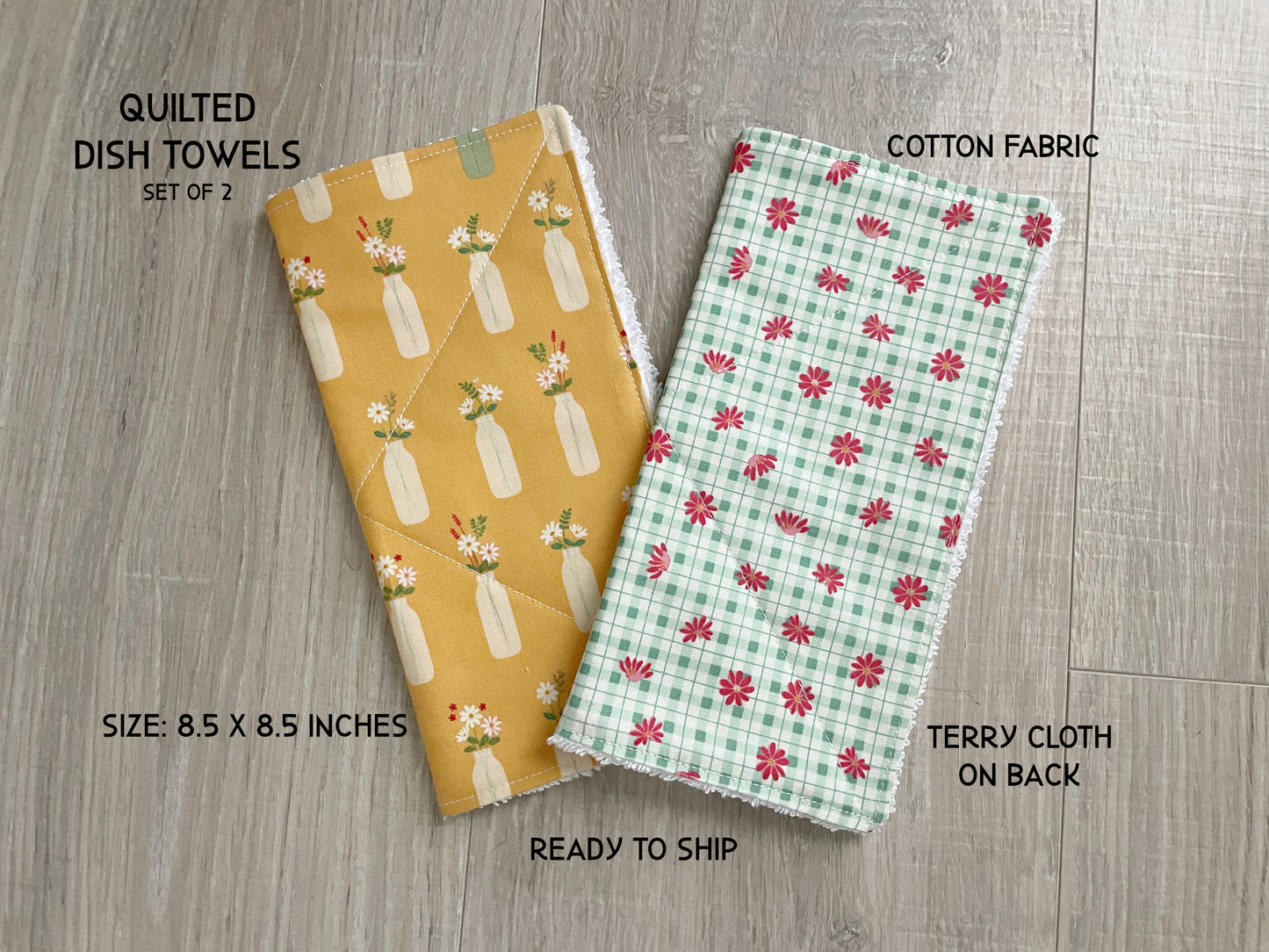 Handmade Quilted Cotton Dishcloths, Vintage Florals Set of 2