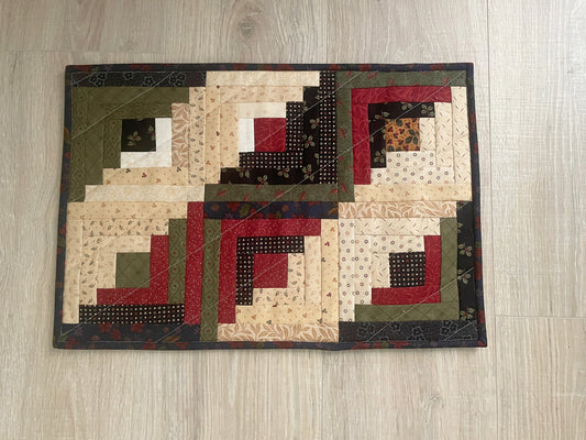 Log Cabin Table Topper, 12 x 18 Handmade Quilted Casserole Mat, Country Fall/Winter Decor