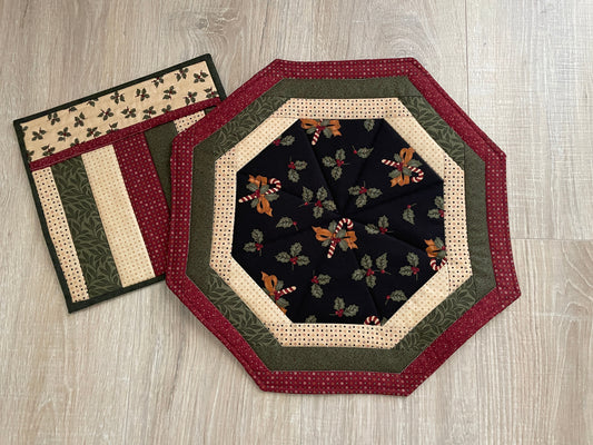 Quilted Octagon Table Topper, Scrappy Centerpiece, Hot Pad Set