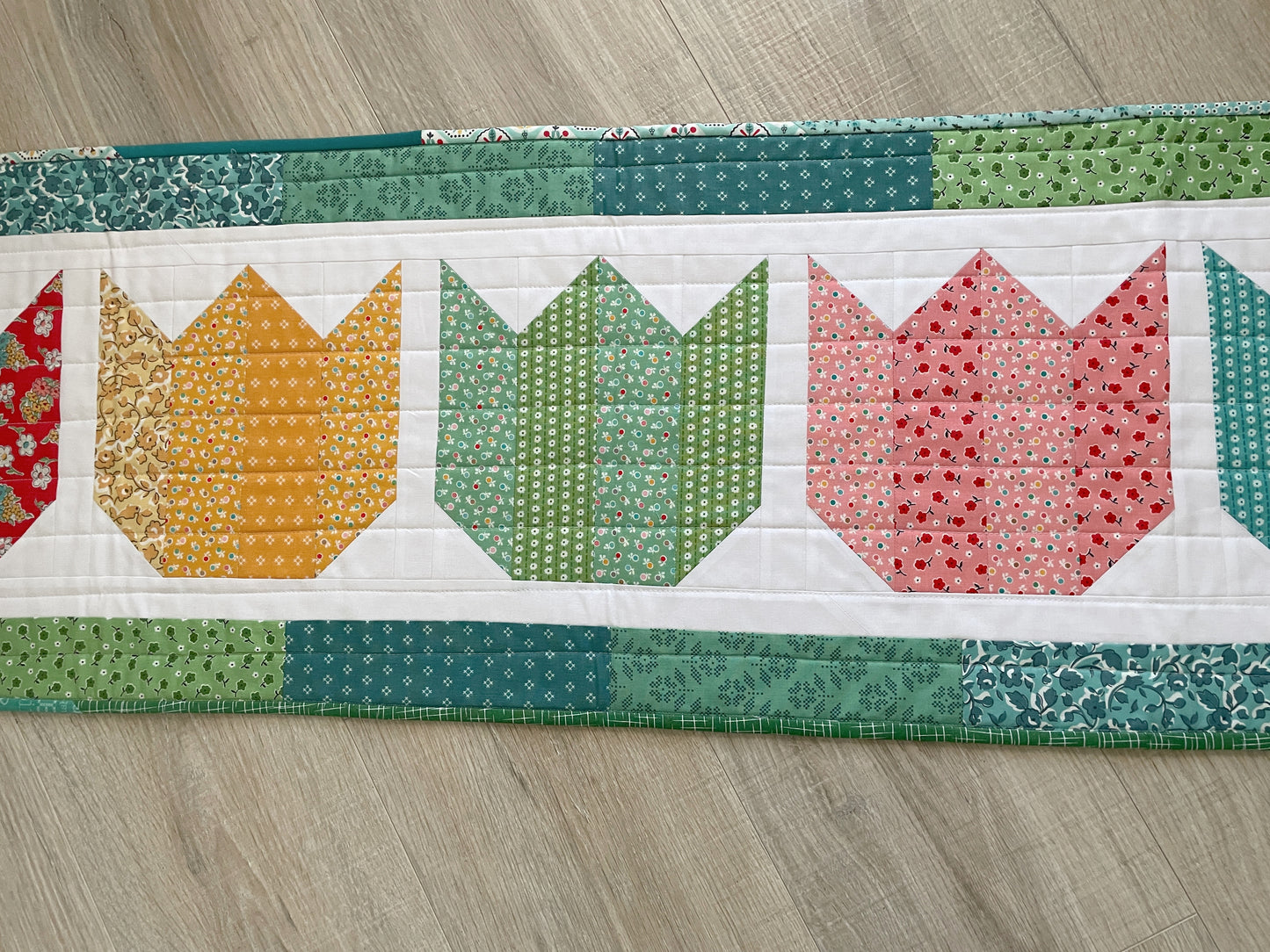 Quilted Spring Tulip Table Runner, Handmade Table Decor, Vintage Prints