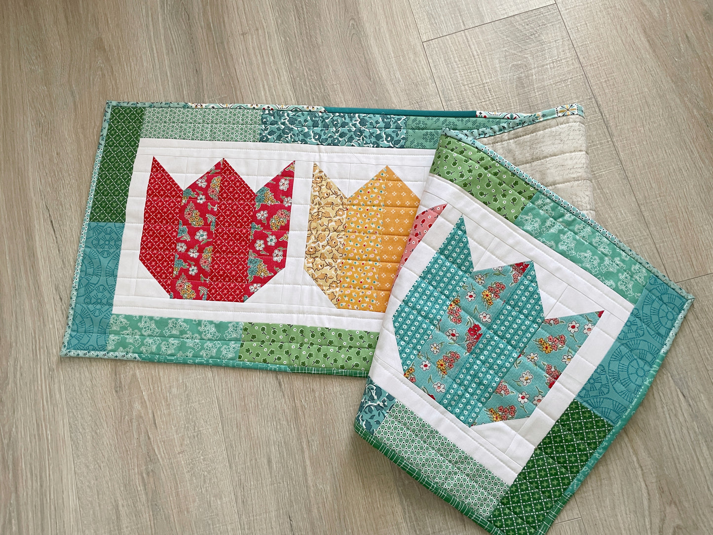 Quilted Spring Tulip Table Runner, Handmade Table Decor, Vintage Prints