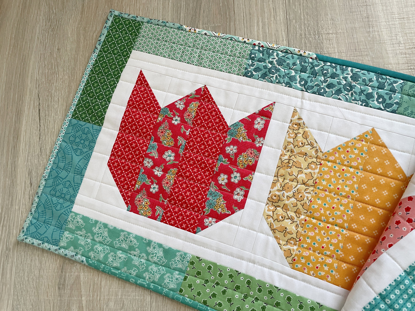 Quilted Spring Tulip Table Runner, Handmade Table Decor, Vintage Prints
