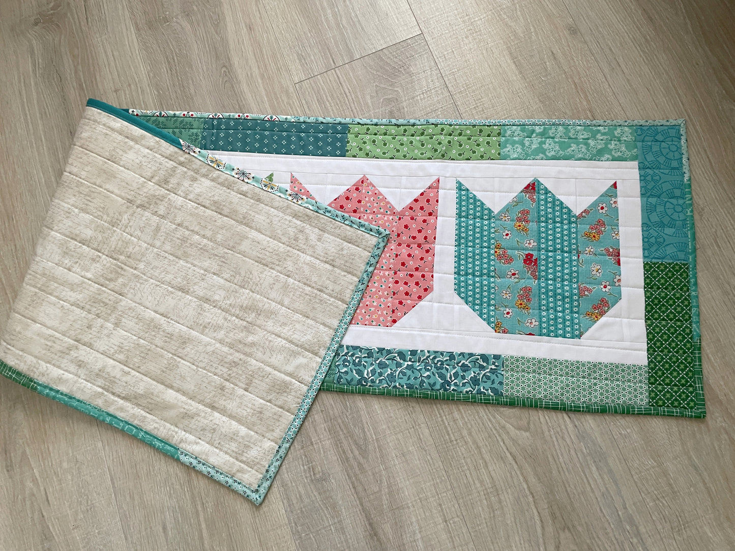 Quilted Spring Tulip Table Runner, Handmade Table Decor, Vintage Prints