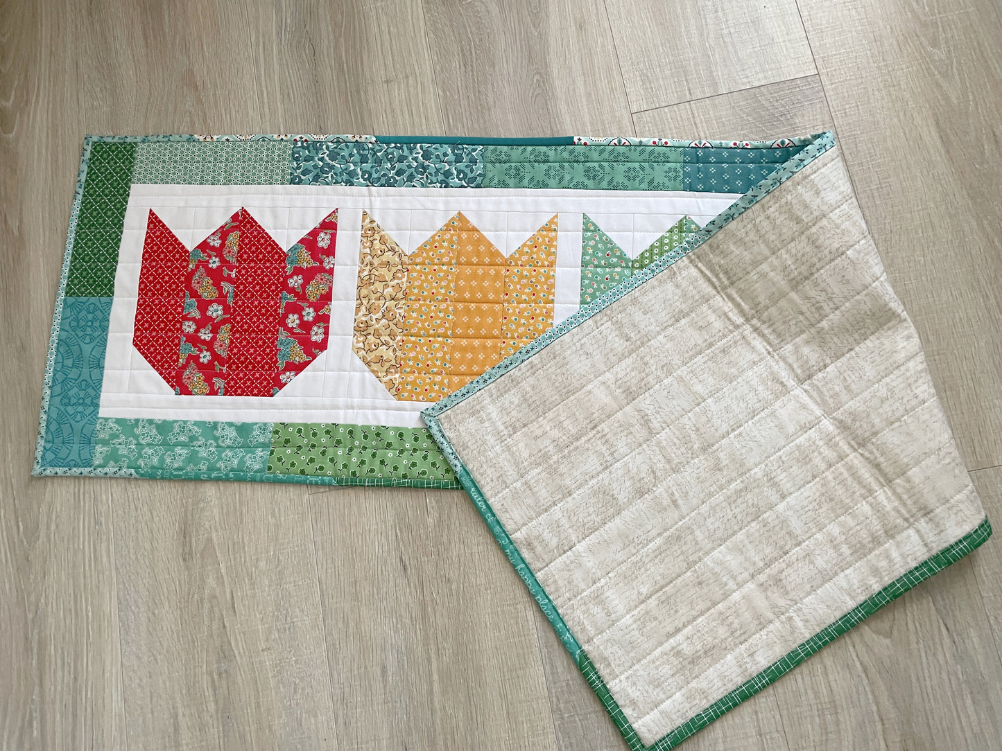 Quilted Spring Tulip Table Runner, Handmade Table Decor, Vintage Prints