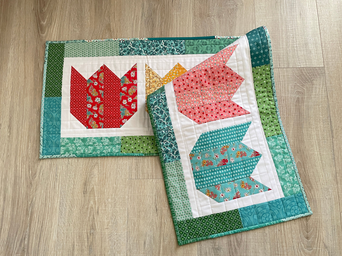 Quilted Spring Tulip Table Runner, Handmade Table Decor, Vintage Prints